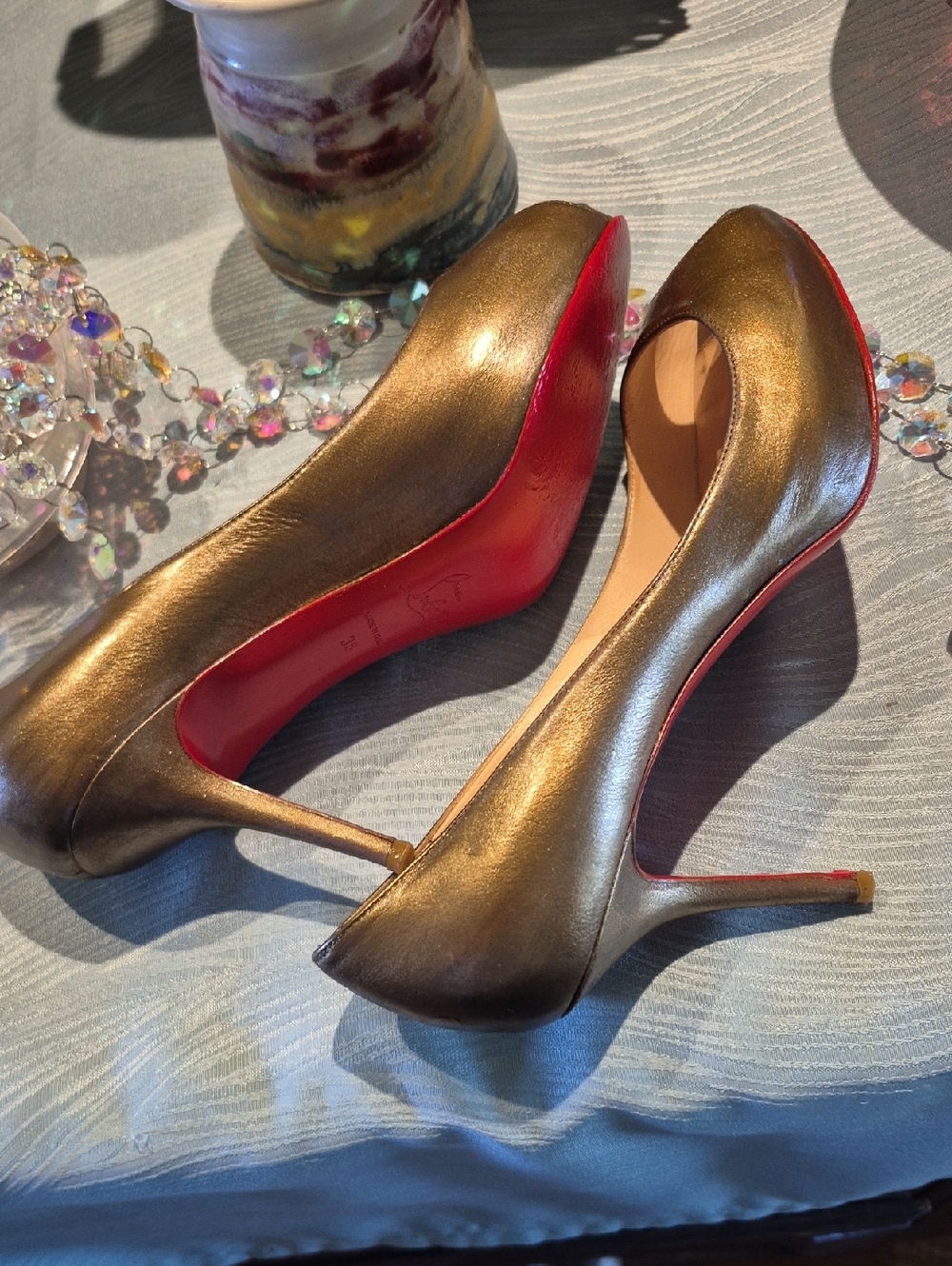 Christian Louboutin Mater Claude Bronzo 85 Calf  Peep-Toe  Heels Sz 38. - Picture 3 of 16